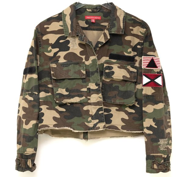 Saks Fifth Avenue Camo Jean Jacket Cropped Patches Green Brown Black Size Medium - Picture 1 of 5